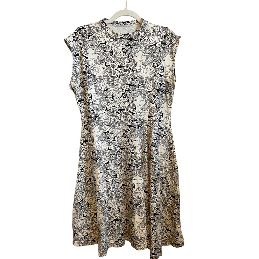 Effies Heart Womens 1X Black White Faces Floral Rose Print Fit Flare Dress